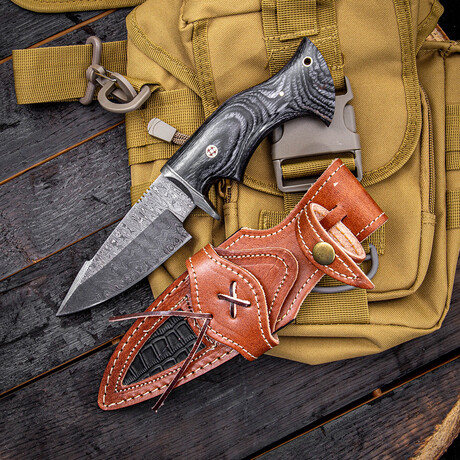 10" Black Wood Handle // Damascus Knife // Leather Sheath