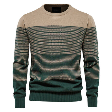 Crewneck Knitted Sweater // Stripes Pattern // Green + Beige (XL)