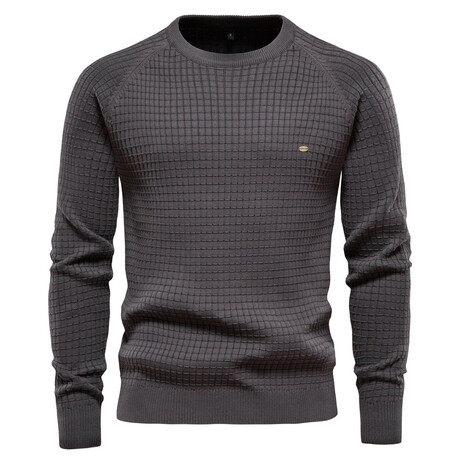 Crewneck Knitted Sweater // Squares Pattern // Dark Gray (M)