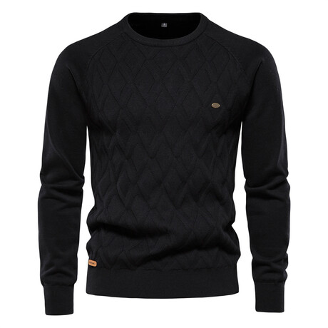 Crewneck Knitted Sweater // Diamond Pattern // Black (S)