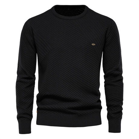 Crewneck Knitted Sweater // Diagonal Lines Pattern // Black (S)