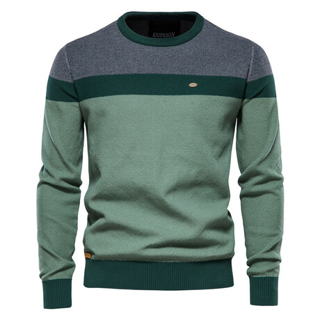 Crewneck Knitted Sweater // Stripes Pattern // Green + Mint + Gray (S)
