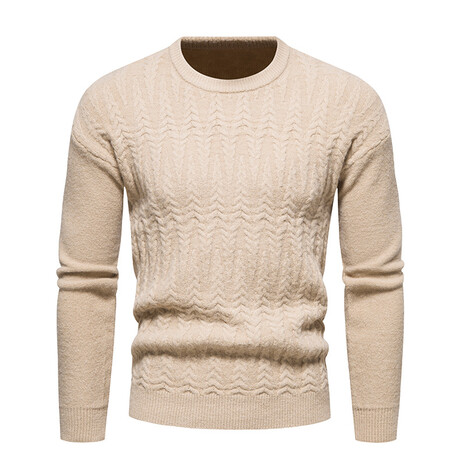 Crewneck Knitted Sweater // Zig Zag Pattern // Beige (L)