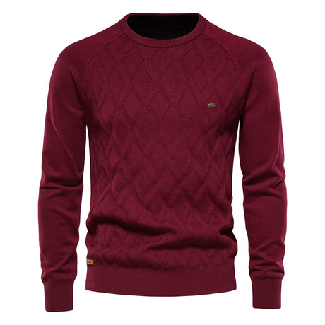 Crewneck Knitted Sweater // Diamond Pattern // Burgundy (S)