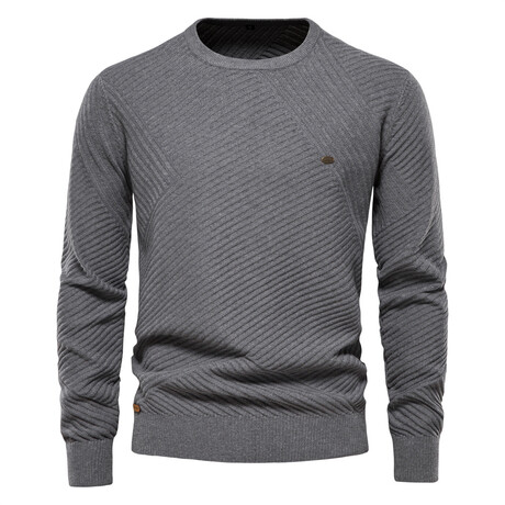 Crewneck Knitted Sweater // Diagonal Lines Pattern  // Gray (XL)