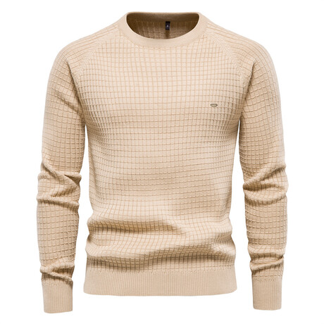 Crewneck Knitted Sweater // Squares Pattern // Beige (S)