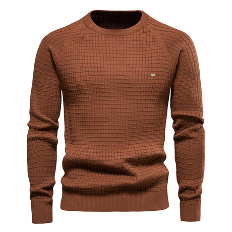 Crewneck Knitted Sweater // Squares Pattern // Orange (S)