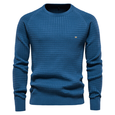 Crewneck Knitted Sweater // Squares Pattern // Blue (S)