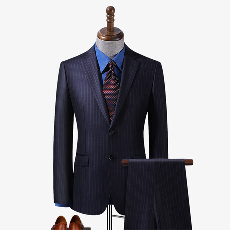 2 Button Pin Stripe Wool Suit // Navy Blue (XS)