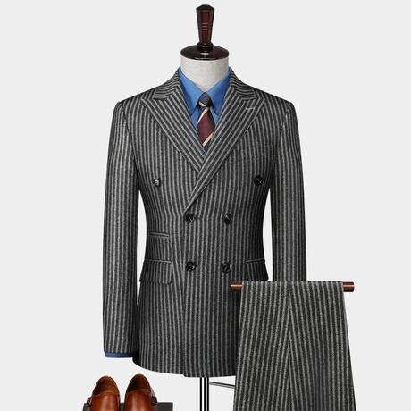 Double Breasted Broad Stripe Wool Suit // Dark Gray (XL)