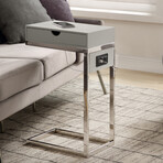 Adorna Chrome Base C-Table with Drawer, USB Port & Wall Plug // Grey/Chrome