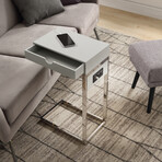 Adorna Chrome Base C-Table with Drawer, USB Port & Wall Plug // Grey/Chrome