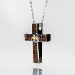 Genuine Dinosaur Agate Cross Pendant and Black Diamond, Yellow Sapphire with 18" Sterling Necklace