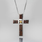 Genuine Dinosaur Agate Cross Pendant and Black Diamond, Yellow Sapphire with 18" Sterling Necklace