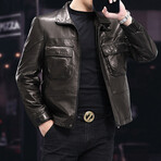 Racer Leather Jacket with Duckdown Lining  // Black // Style 2 (3XL)