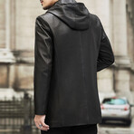 Hooded Leather Coat with Duckdown Lining // Black (3XL)