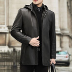 Hooded Leather Coat with Duckdown Lining // Black (4XL)