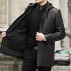 Hooded Leather Coat with Duckdown Lining // Black (3XL)