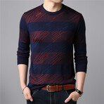Thick Striped O-Neck Sweater // Burgandy + Navy (XL)