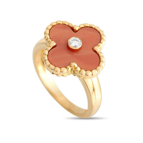 Van Cleef & Arpels // Vintage Alhambra 18K Yellow Gold Diamond + Coral Ring // Ring Size: 5 // Estate
