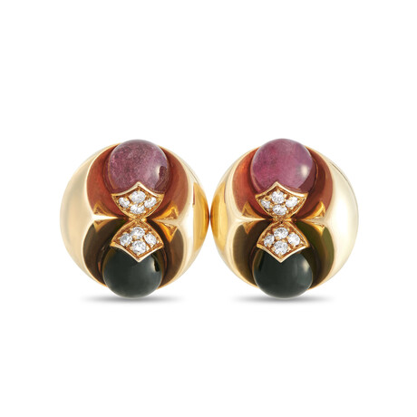 Bulgari // 18K Yellow Gold Diamond + Tourmaline Clip-On Earrings // Estate