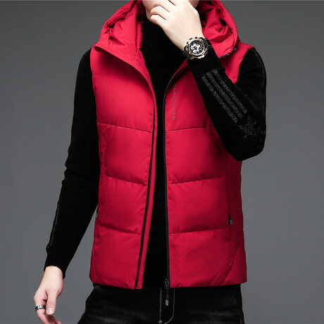 Insulated Hooded Duck Down Fill Vest  // Red (XL)