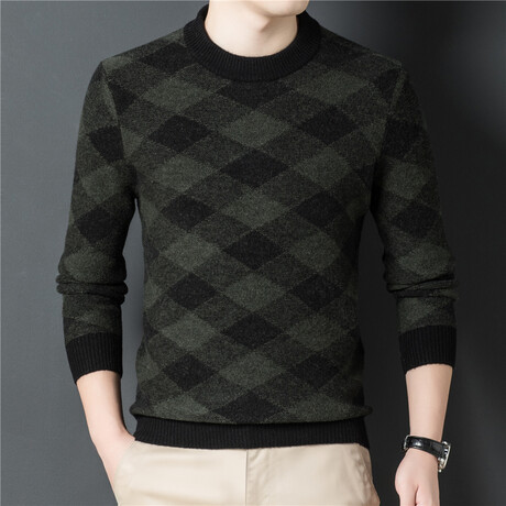 009 Crewneck Merino Wool  Checkered Sweater // Dark Green (XS)