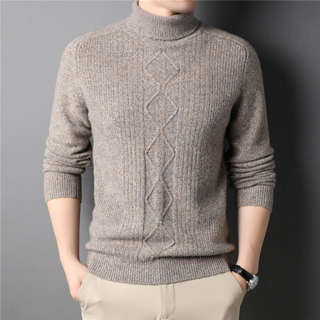077 Turtleneck Merino Wool Knit Pattern Sweater // Tan (XS)