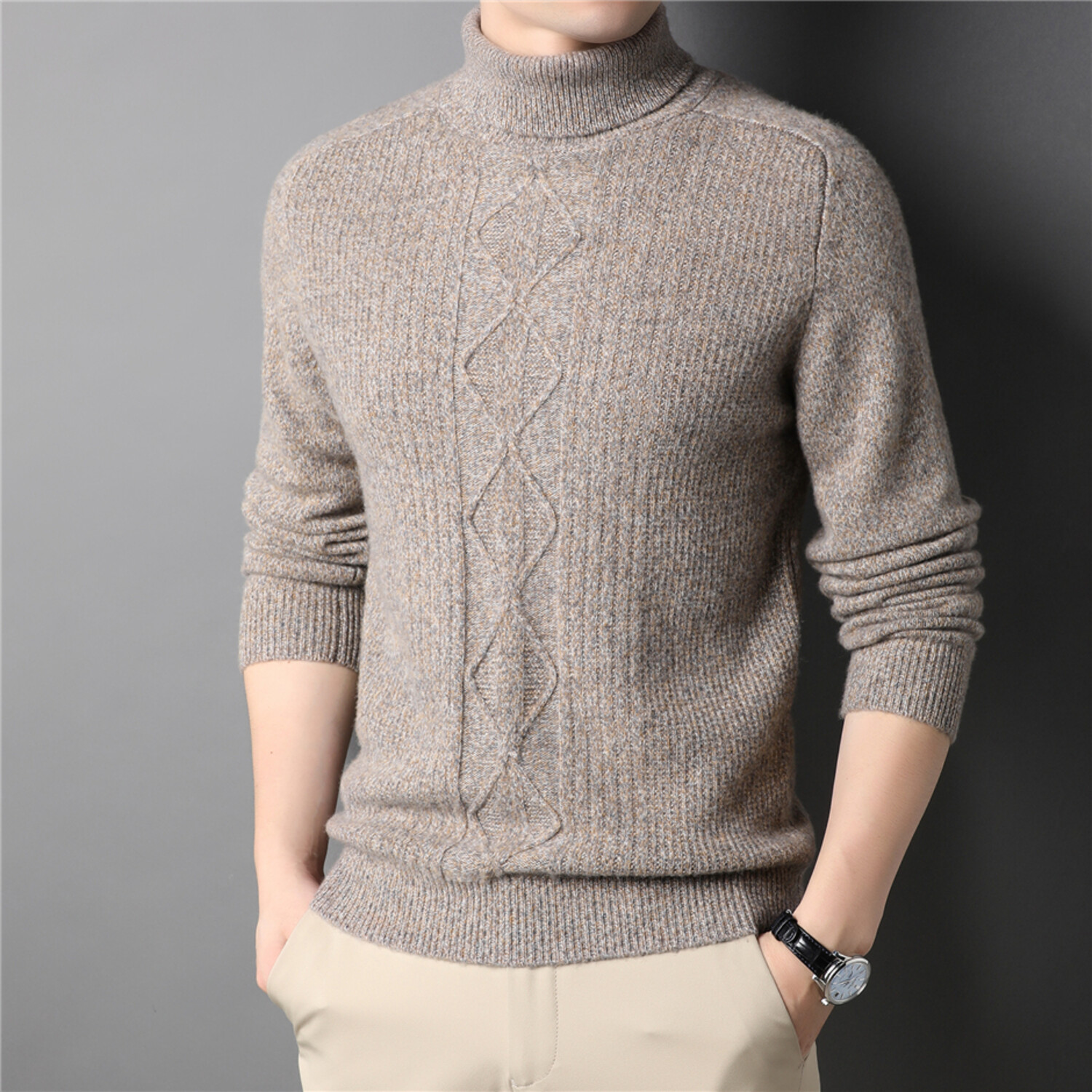 077 Turtleneck Merino Wool Knit Pattern Sweater // Tan (M