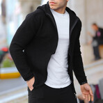 Zippered Ladder Knit Hooded Knitwear Jacket // Black (XL)