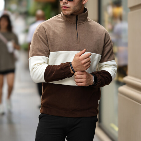 Blocked Half Zip Fleece Sweatshirt // Light Brown + Beige + Brown (S)