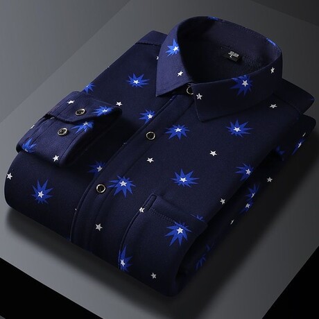 Men Plush Lined Winter Button Up // Navy Blue with Blue + White Stars (XS)