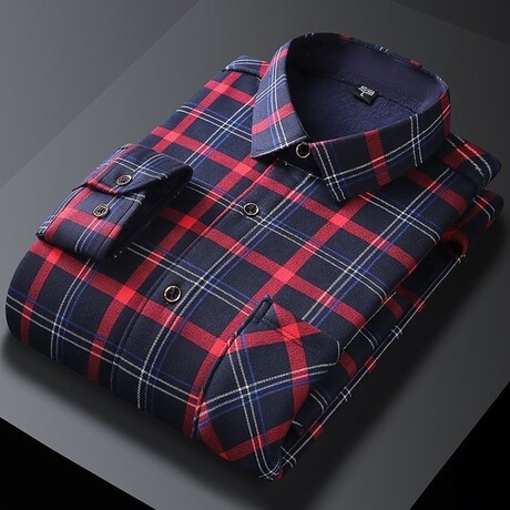 Men Plush Lined Winter Button Up // Navy Blue + Red Plaid (XS)