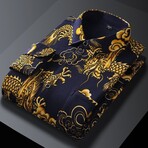 Men Plush Lined Winter Button Up // Navy Blue with Gold Chinese Dragons (L)