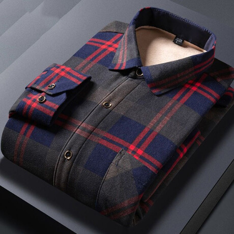 Men Plush Lined Winter Button Up // Navy Blue + Dark Gray + Red Plaid (XS)