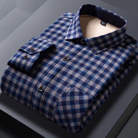 Men Plush Lined Winter Button Up // Blue + White Checkered (XL)