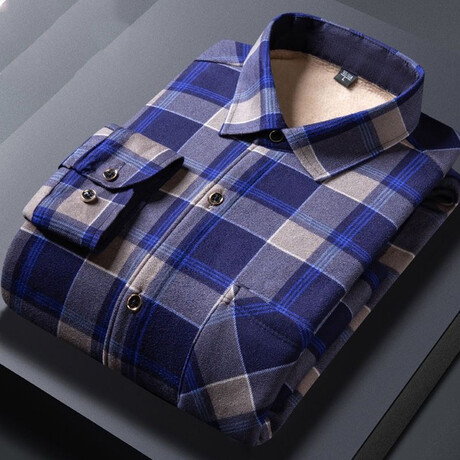 Men Plush Lined Winter Button Up // Blue with Gray Plaid (XS)