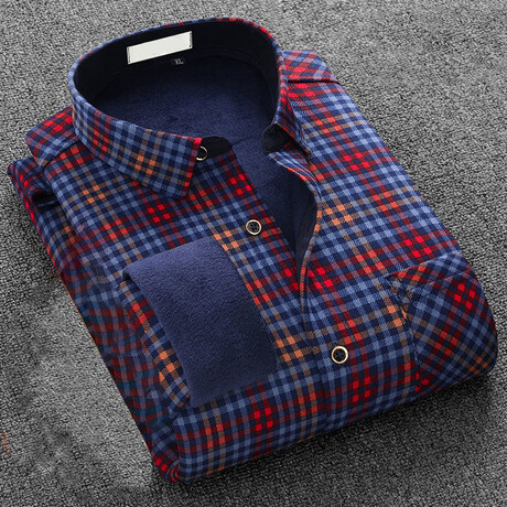 Men Plush Lined Winter Button Up // Blue + Orange + Red Checkered (XS)