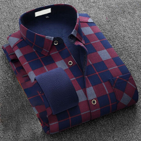 Men Plush Lined Winter Button Up // Burgundy + Blue + Gray Plaid (XS)