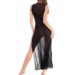 Black Deep-V Dual Slit Jersey Maxi Long Night Dress // Black (XS)