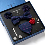 8 Pc Tie & Accesory Set // Navy Blue with Red Dods  & Gray Lines