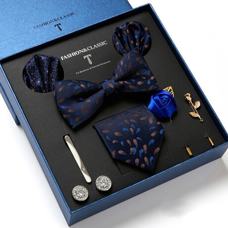 8 Pc Tie & Accesory Set // Navy Blue with Brown + Blue Petals