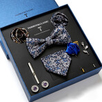 8 Pc Tie & Accesory Set // Navy Blue with White + Blue Flowers