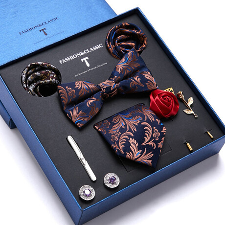 8 Pc Tie & Accesory Set // Navy Blue with Bronze Paisley