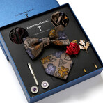 8 Pc Tie & Accesory Set // Tan with Gold + Lilac Leaves