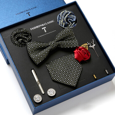 8 Pc Tie & Accesory Set // Black with White Squares and Flowers