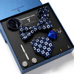 8 Pc Tie & Accesory Set // Navy Blue with Blue + Whte Geometric Pattern