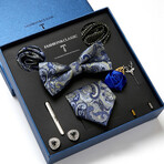 8 Pc Tie & Accesory Set // Blue + White + Gold Paisley