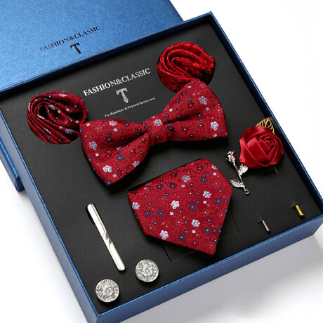 8 Pc Tie & Accesory Set // Red with Multicolor Flowers