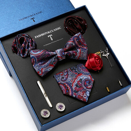 8 Pc Tie & Accesory Set // Navy Blue with Blue + Red Paisley